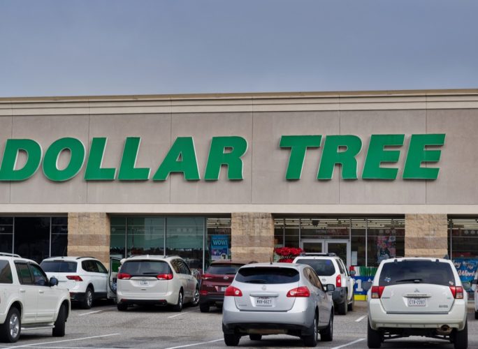 美元树店面在休斯顿,德克萨斯州停车场的前景。折扣杂货店在美国和加拿大。