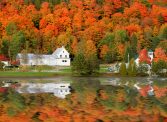 丹维尔佛蒙特州教堂与美丽的秋天树叶Joes池塘背景